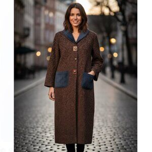 Dot & Vera Boho Brown Floral Full Length Coat Vintage 60s Elbow Patches Size L